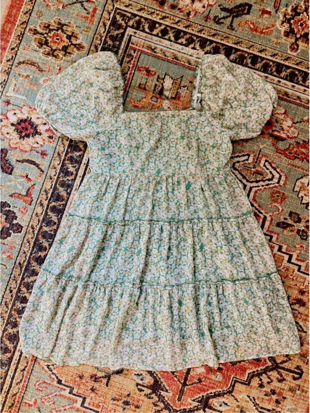 Women's Green Floral Babydoll Mini Dress